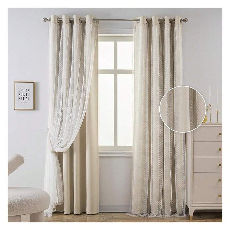 Beige Blackout Curtains 52x95 Inch - Bedroom & Living Room - Cute Double Layer Sheer Curtains With Grommets, 2 Panels - Light Filtering - 如圖13 - 查看 1