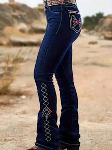 Plus-Size Women's High-Waisted Jeans, Featuring A High-Waisted Design That Slims The Waist And Lifts The Hips, With A Dark Blue Geometric Embroidery Design. Y2K Plus-Size Women's Flared Jeans - 藍色 - 查看 6