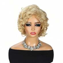 10 Zoll Synthetische Gold Rose Locken Perücke, hergestellt aus hochtemperaturbeständiger Faser und Innennetzstruktur, für Frauen - Gold - Übersicht 10