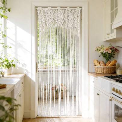 1Pc, Luxe WhiteLace Hollow Leaves With String Curtains Panel For Divider Screen For Door, Wall, And Window Decoration