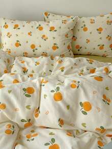 2026 Valentine's Day New Mandarin Orange Print 4-Piece Bedding Set, Warm And Fresh Fruit Pattern, Washed Microfiber, Women's Bedroom Decor, Valentine's Day Gift (1 Duvet Cover + 2 Pillowcases + 1 Flat Sheet), Excludes Comforter, Pillowcase Pattern Randomly Cut - Yellow - View 2