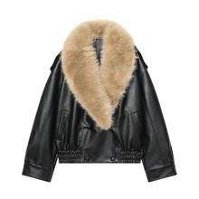 MUMRAP 女士休闲可拆卸人造毛领宽松长袖外套，街头时尚冬季外套，黑色 - 黑色 - 查看 3