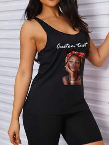 定制礼品及女士背心 - 添加您自己的文字和照片（标语/名言/态度/人生格言/家庭照片/自拍/宠物照片/朋友照片）来设计您的专属图案。可作为礼物送给女朋友，或用作情侣装、运动服等。黑色 - 黑色 - 查看 5