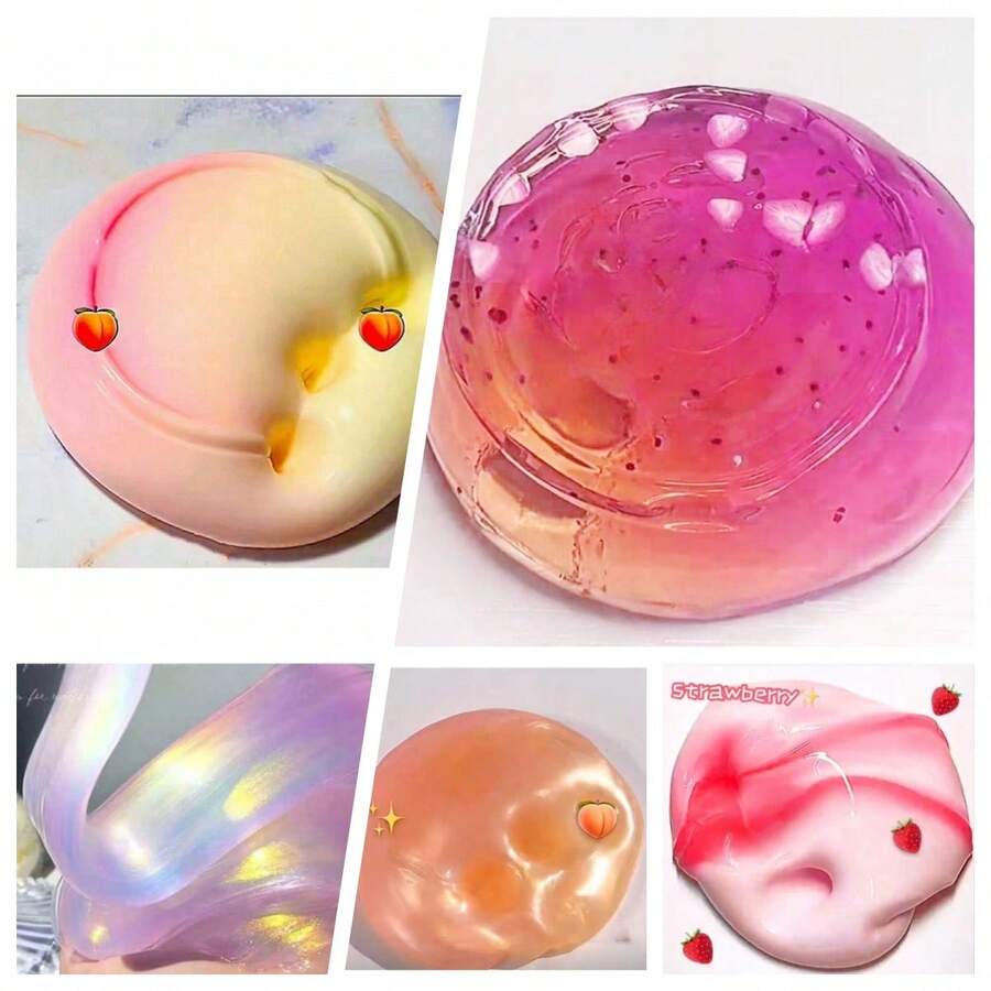 1/2/4件装透明水晶史莱姆套装，蜜桃粉色果冻方块闪光脆皮史莱姆，成人减压玩具，弹性好，不粘手 - 彩色 - 查看 1