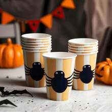 Vasos desechables para fiesta de Halloween, paquete de 50 unidades, resistentes a fugas, tazas calientes y frías de 12 onzas para restaurantes y fiestas, murciélagos, negro y plateado - Araña, rayas blancas naranjas - Ver 3