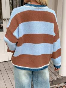 Womens Oversized Sweaters Casual Long Sleeve Striped Color Block Crewneck Knitted Loose Fall Pullover Tops - Hồng - Xem 9