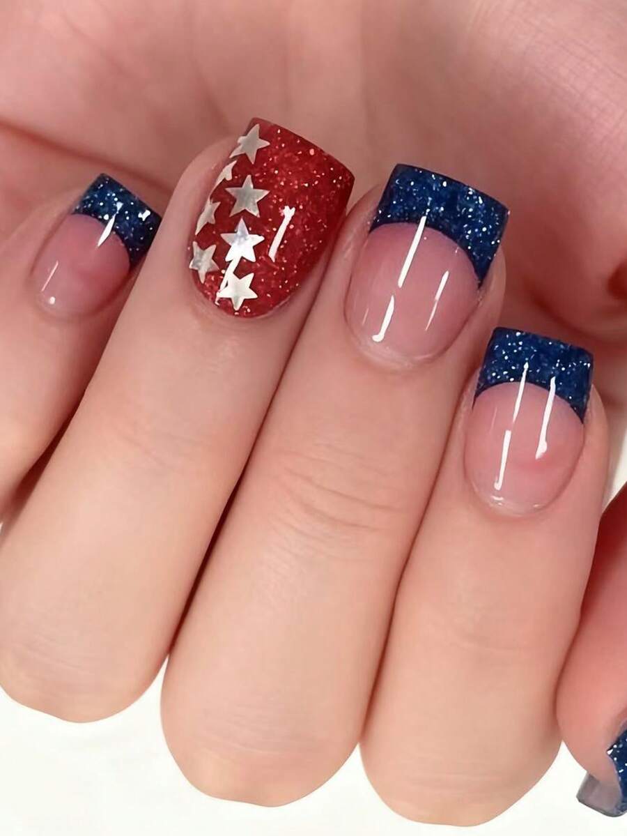 24片中号方形优雅海军蓝亮面法式假指甲，瞬间提升您的造型！甜美酷炫的银星7月4日风格全覆盖人造指甲，适合女性和女孩。包含1片果冻胶+1个指甲锉。果冻胶颜色随机发货。 - 藍色 - 查看 1