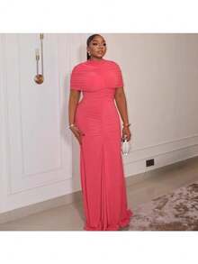 New Women's Clothing Pleated Slim-Fitting Waist-Wrapped Hip Solid-Color Dress Women - 紅色 - 查看 3