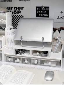 1pc White Multifunctional Computer Monitor Riser Stand, Desk Organizer Drawer Storage Raised Platform, Office Desktop Display Holder - White - View 4