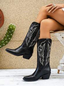 Autumn/Winter New Thick Heel Slip-On Women's Western Boots, Fashion Embroidery Comfortable Wide Shaft Plus Size Outdoor Hiking Boots, Versatile Daily & Vacation Casual Mid-Calf Riding Boots For Women - Black - View 1