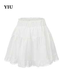 Chân váy ngắn xòe màu trắng YIU dành cho nữ, chất liệu polyester gợi cảm, không co giãn, viền bèo nhún, trang trí bằng bèo nhún và ren tương phản, hàng mới về mùa xuân/hè, phù hợp cho mặc hàng ngày và hẹn hò. - trắng - Xem 7