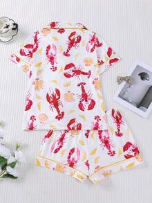 两件套白色底色可爱红色龙虾、贝壳、橙色印花女士睡衣套装，舒适短袖翻领纽扣衬衫搭配宽松弹力短裤，时尚百搭，适合户外、四季穿着及居家穿着。 - 白色 - 查看 2