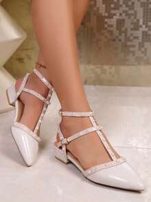 Women's High Chunky Heel Sandals, Pointed Toe Fashion Versatile Elegant Pearl Decor Buckle Strap Slides - Beige - View 4
