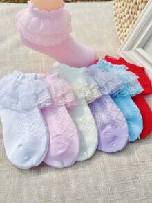 6 Pairs Girls Spring/Summer Socks, Breathable Mesh Lace Trim Princess Style Embroidered Ruffle Socks, Soft & Comfortable, Fashionable For Holidays, School, Outdoor, Travel, Daily Wear - Multicolor - View 2