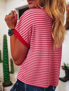 Summer Striped Contrast Shoulder Short-Sleeved Knitted Casual Round Neck T-Shirt - 混合色 - 查看 2