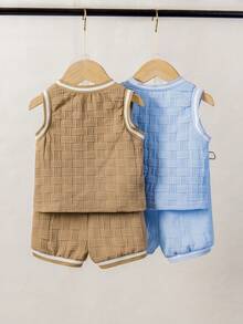 4pcs/Set Infant Boys' Summer New Textured Fabric Letter Print Round Neck Vest And Shorts Casual Fashion Outfit - Multicolor - View 2