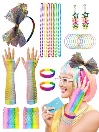 13 delar Forever & Moment 80-talskostymtillbehör för kvinnor - Spetshuvudband med örhängen, halsband och näthandskar för 80-tals temafest, möhippa, cosplay