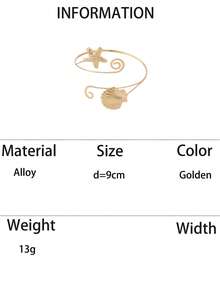 1pc Personalized Ocean Life Golden Starfish & Shell Metal Spiral Cuff Bracelet, Suitable For Vacation, Party, Beach Wear