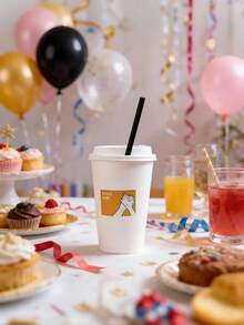 DIY自粘图案纸吸管和纸杯，随机花朵和握手图案，加厚设计，适用于咖啡、茶、聚会、办公室和家庭使用。 - 彩色 - 查看 3