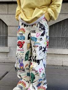 Colorful Graphic Baggy Pants For Men Y2K Retro Wide Leg Casual Joggers Graffiti Streetwear - 白色 - 查看 3
