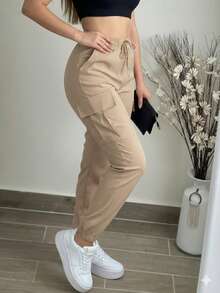 大码女式时尚休闲纯色简约口袋松紧腰抽绳工装裤，轻盈涤纶混纺柔软面料 - 杏色93 - 查看 2