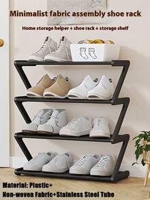This 4-Tier Large Z-Shaped Shoe Rack Can Be Easily Assembled Without Tools. Made Of Pink Plastic Material, It Is A Stackable Storage Rack Suitable For Home, Dorm, And Living Room. Its Space-Saving Freestanding Design Makes It An Ideal Choice For Shoe Storage. - Multicolor - View 6
