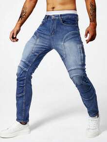 Jeans Casuales Elásticos para Hombre, Corte Slim Fit Entallado con Patchwork, Versátiles y Cómodos, Estilo Urbano Perfecto para el Día a Día - Azul oscuro - Ver 4