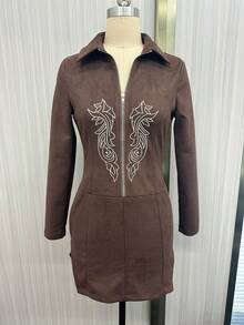 Vestido Elegante de Moda con Bordado Floral Ajustado para Mujer - Café - Ver 2