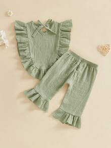 Little Girls 2 Piece Outfits Adorable Solid Color Sleeveless Crew Neck Ruffle Tops And Elastic Waist Pants Set - Green - View 7