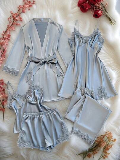 Conjunto de pijama de satén de seda para mujer, 5 piezas, conjunto de lencería suave y cómodo, con ribete de encaje + pantalones cortos + vestido de noche + pantalones + bata de dormir