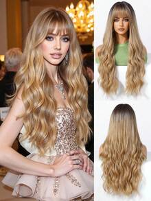 Tóc giả dài 26 inch kiểu ombre xoăn có mái, được làm từ sợi tổng hợp chịu nhiệt cao, kèm mũ lưới hoa hồng, vẻ ngoài tự nhiên, thoải mái và thoáng khí khi đội, nhẹ, phù hợp cho các lễ hội âm nhạc và sử dụng hàng ngày. - Ombre - Xem 2