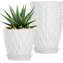 Inch Plant Pots 5 Pack, Flower Planters With Drainage Holes And Trays, Plastic Pots Indoor Outdoor Plants, White - 白色 + 7吋 5件套 - 查看 1