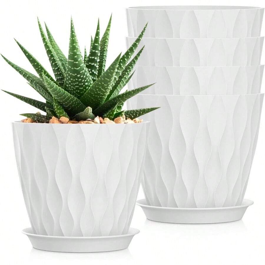 Inch Plant Pots 5 Pack, Flower Planters With Drainage Holes And Trays, Plastic Pots Indoor Outdoor Plants, White - 白色 + 7吋 5件套 - 查看 1
