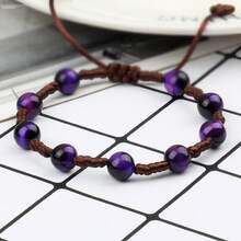 1 pieza Pulsera de cuentas de ojo de tigre púrpura hecha a mano con cuerda trenzada y nudo, pulsera ajustable de encanto para mujer y pareja, regalo de joyería - tigre morado - Ver 10