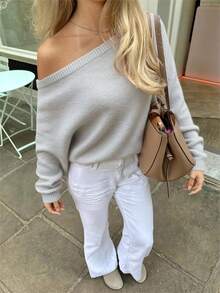 女士新款休闲纯色宽松露肩长袖毛衣，浪漫粉色，超大针织上衣 - 灰色 - 查看 4