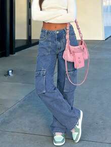 Women's Medium Blue Practical Utility Cargo Jeans - Loose Wide Leg, Multi-Pocket Design, Y2K Style Streetwear Denim Pants - Dark Wash - View 7