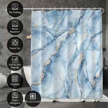 1pc/4pcs Bathroom Shower Curtain Set, Blue Marble Pattern, Modern Minimalist Style, All Season Decor, Classic Luxury Bathroom Set With 12 Hooks Included - Blue - View 5
