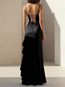 1pc Solid Color Pleated Backless Ruffle Hem Dress, Formal Evening Party & Casual Wear Elegant Black Summer - Black - View 2