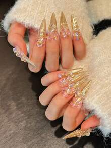 Press On Nails, Regal Rogue Mob Wife Nails, Long Stiletto Shining Rhinestone Element Glossy Gel Finish Nails,Hand-Drawn And Made, With Nail Art Pasting Tools - Vàng - Xem 6