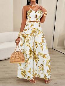 AIJ 2 piezas Conjunto de top de tirantes retorcido y pantalones anchos plisados de verano para mujer - Flores amarillas sobre fondo blanco - Ver 4
