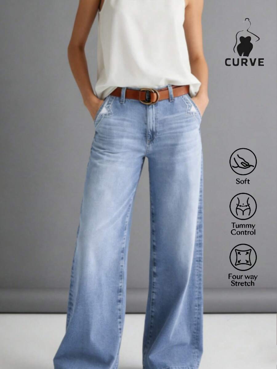 Ladies' Slim Fit Wide Leg Jeans (Light Blue - High Waist Loose Straight Leg), Versatile For Daily Wear, Suitable For Family, Leisure, And Outdoor Activities, Suitable For Slimming Cuts From Teenagers To Adults, Simple Minimalist Design, Comfortable Full-Length Denim Pants.PLEASE ORDER ONE SIZE UP. - 淺藍 - 查看 1