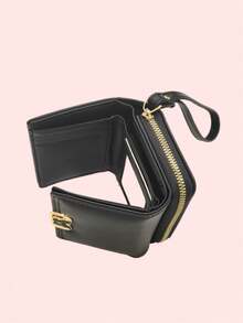 Ví da PU ngắn có thể gập lại, kiểu dáng dễ thương, thời trang trẻ trung, có khóa kéo, dung lượng lớn. - màu đen - Xem 4