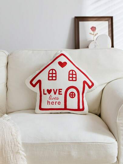 1pc Valentine's Day Red Irregular House Embroidered Cushion Cover, Heart Shaped Pillow Cover, Suitable For Indoor Decoration, Spring/Summer Decorative Pillow Cover, Pillow Insert Not Included
