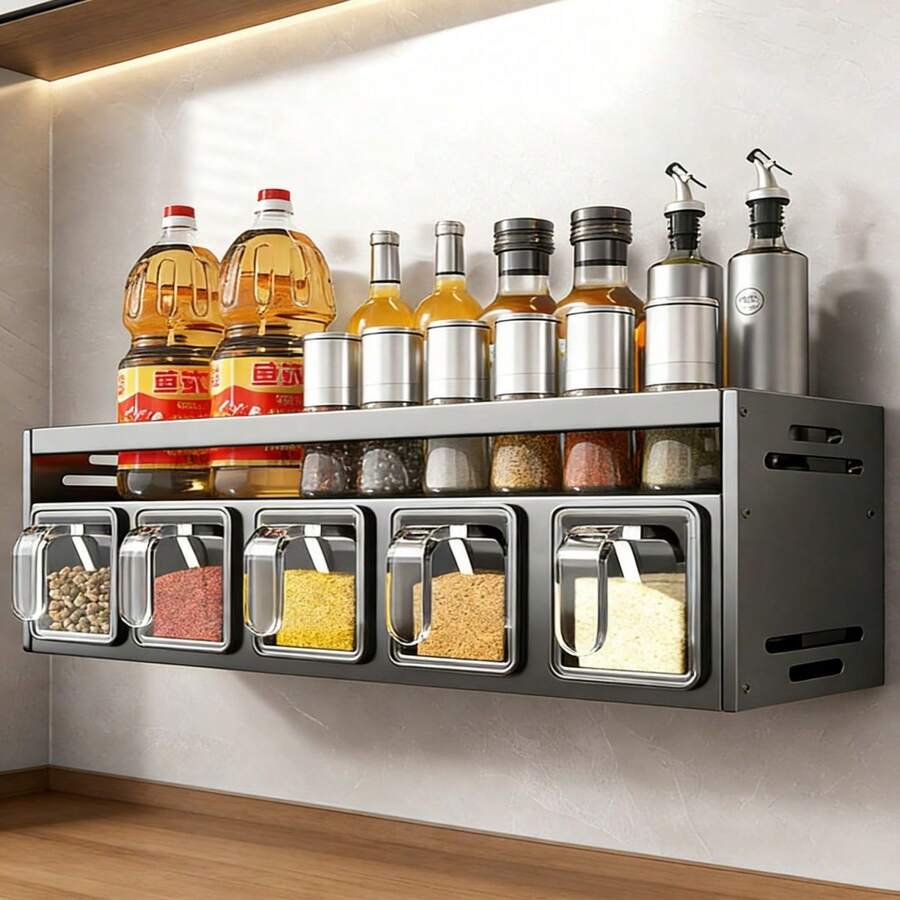 1pc Wall-Mounted Spice Rack Storage Organizer - Made Of Aluminum Magnesium Alloy, Rust-Proof, No Charging Required, Drill-Free Installation, Includes Spice Jars And Storage Containers, Suitable For Kitchen Organization - Multicolor - View 1