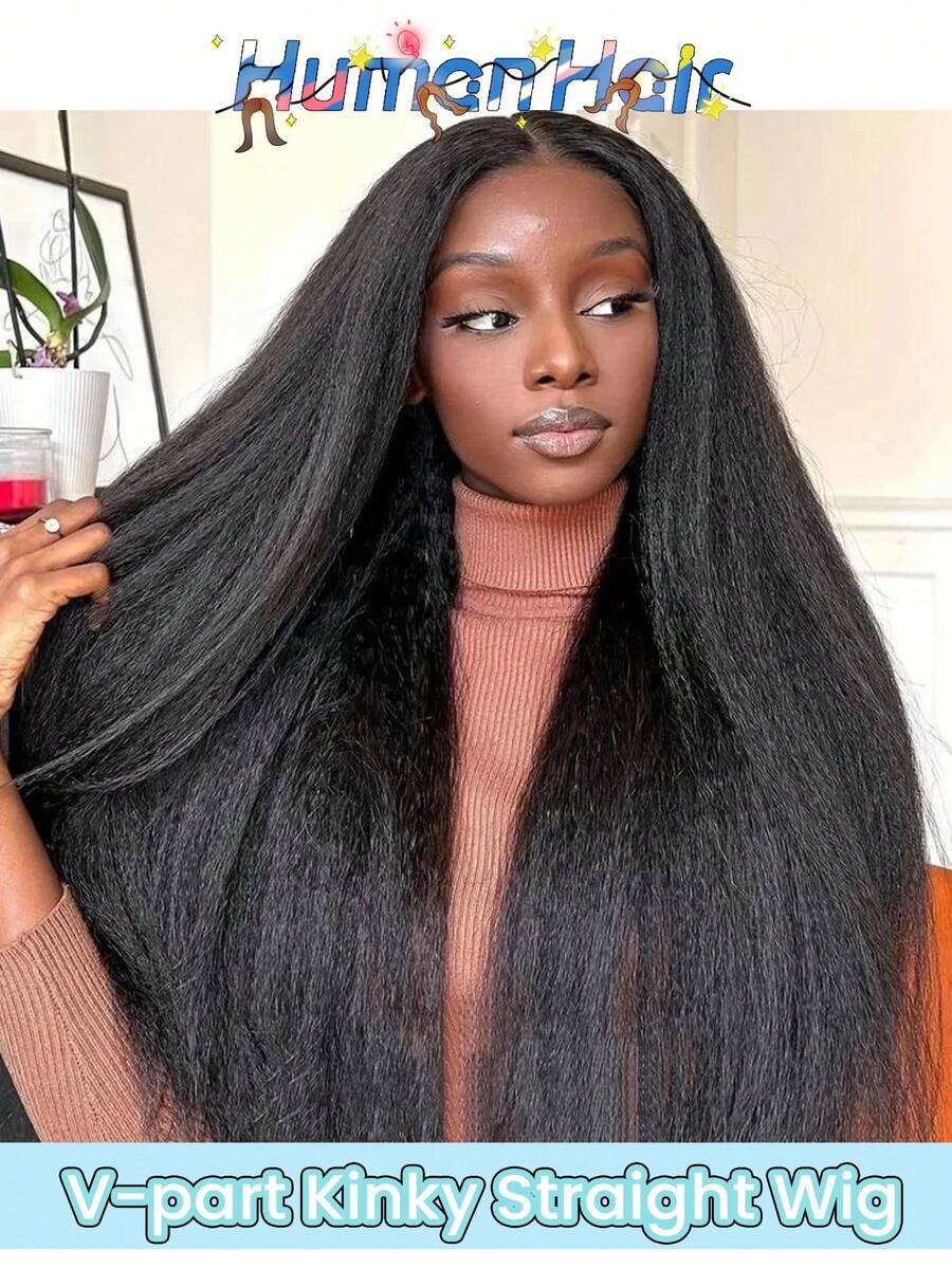 16-32 Inch V-Part Lace Front Wig, Human Hair Yaki Straight Wig, Clip-In Wig, No Glue Needed, Upgraded V-Part Wig, Women, Adjustable Strap, No Leave-Out, Suitable For Beginners