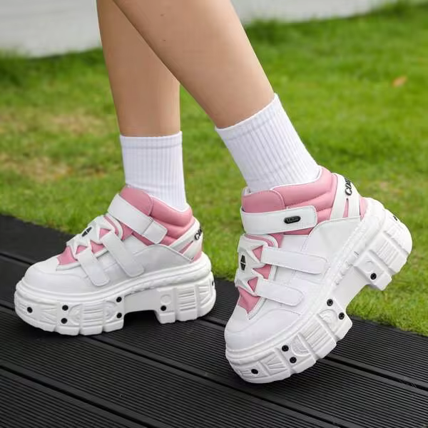 Street Punk Style Cute Pink Women Sneakers Hook Loop Thick Bottom Chunky Heels Pumps Large Size Casual And Party Shoes