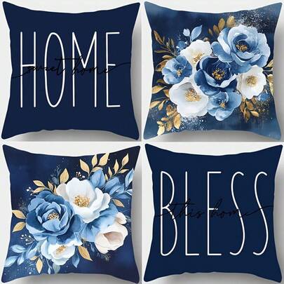 4 Packs Modern Floral Polyester Pillowcases, 45cm Square, Machine Washable, Zippered Cushion Covers With Blue And White Flower Print For Living Room Sofa And Bedroom Decor - Home Blessing & Home Design