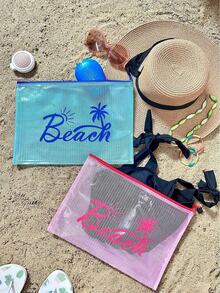时尚防水PVC沙滩包，彩色字母印花 - A4尺寸，透明化妆包，尼龙拉链，游泳、潜水和夏季度假的理想之选 - 轻便，男女老少皆宜，沙滩包配件，旅行必备，旅行好物，假日必备，假日旅行包，化妆间装饰 - 彩色 - 查看 3