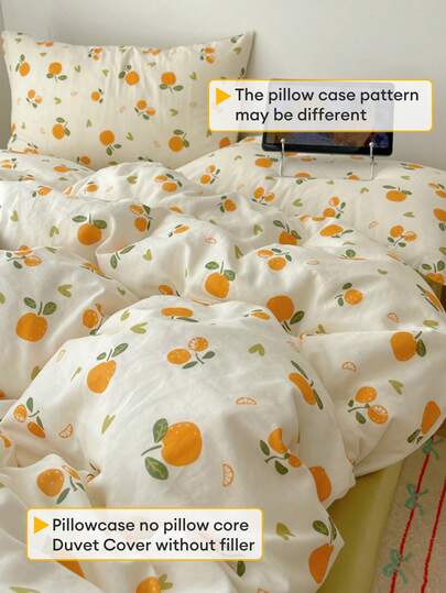 2026 Alla hjärtans dag nytt mandarinorange-tryck 4-delat sängklädesset, varmt och färskt fruktmönster, tvättad mikrofiber, dekoration för kvinnors sovrum, Alla hjärtans dag-present (1 påslakan + 2 örngott + 1 lakan), exklusive täcke, örngottsmönster slumpmässigt utskuret