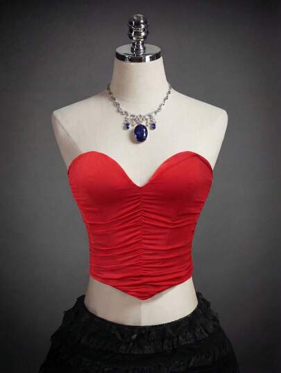 女士束身胸衣，红色无肩带心形领口束身胸衣 - 褶皱胸衣露脐上衣，性感派对装扮